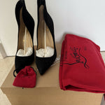 Black suede pointed-toe pumps with cream insoles and tan leather interior — Endless | Endless UAE