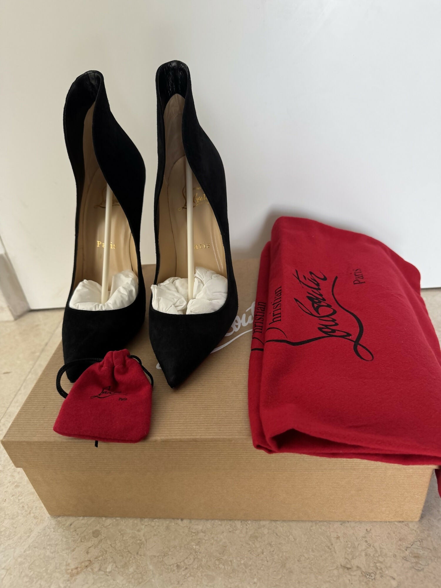 Black suede pointed-toe pumps with cream insoles and tan leather interior — Endless | Endless UAE