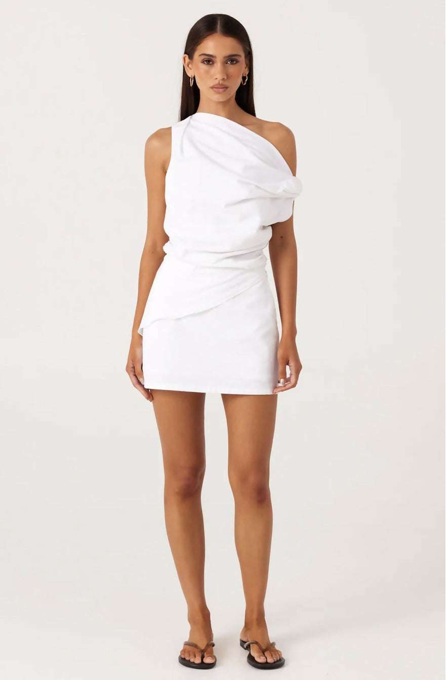 White asymmetrical one-shoulder draped top with matching ruched mini skirt co-ord set — SNDYS | Endless UAE