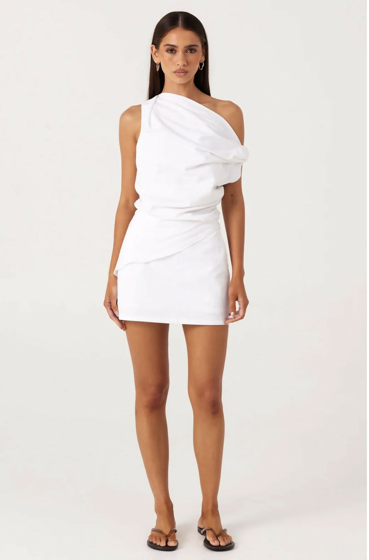 White asymmetrical one-shoulder draped top with matching ruched mini skirt co-ord set — SNDYS | Endless UAE