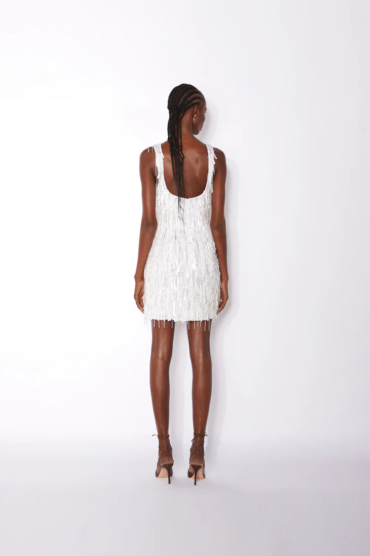 White fringed mini dress with square neckline and sleeveless design — ILTA | Endless UAE