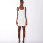 White fringed mini dress with square neckline and sleeveless design — ILTA | Endless UAE