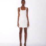 White fringed mini dress with square neckline and sleeveless design — ILTA | Endless UAE