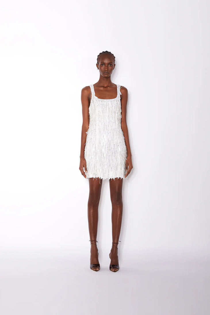 White fringed mini dress with square neckline and sleeveless design — ILTA | Endless UAE
