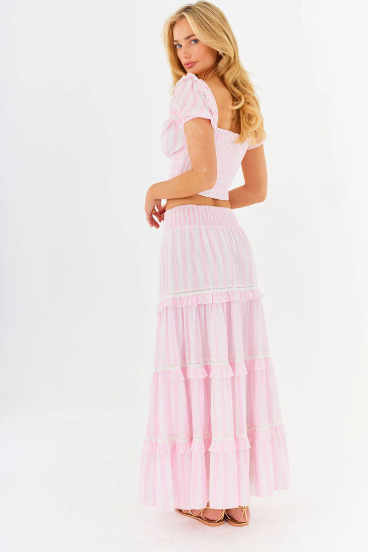 Pink and white striped two-piece set with puff sleeve crop top and tiered maxi skirt — Amy Jane London | Endless UAE