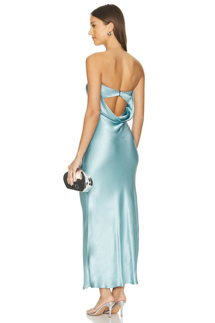 Moondance Dress in Seaspray, strapless silky gown with midi length — Bec + Bridge | Endless UAE