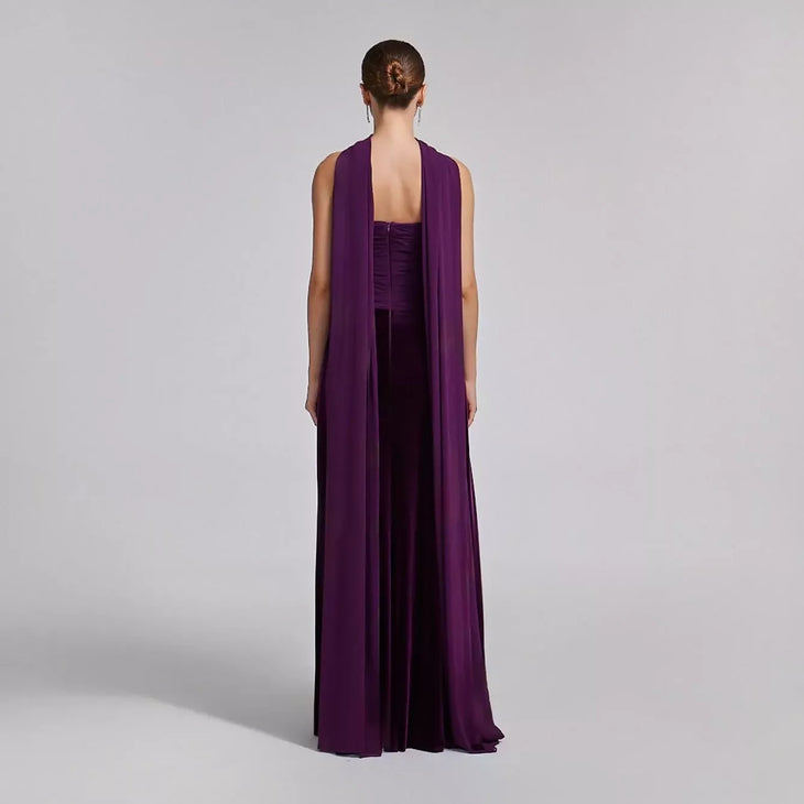 Woman wearing purple velvet strapless gown with draped chiffon scarf — Aleena | Endless UAE