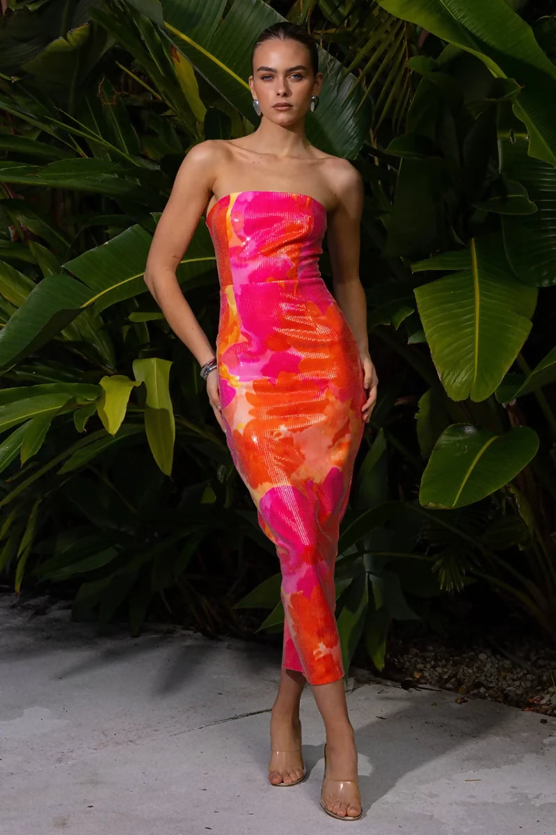 Oralie Midi Dress in vibrant pink, orange and yellow tie-dye print — Runaway The Label | Endless UAE