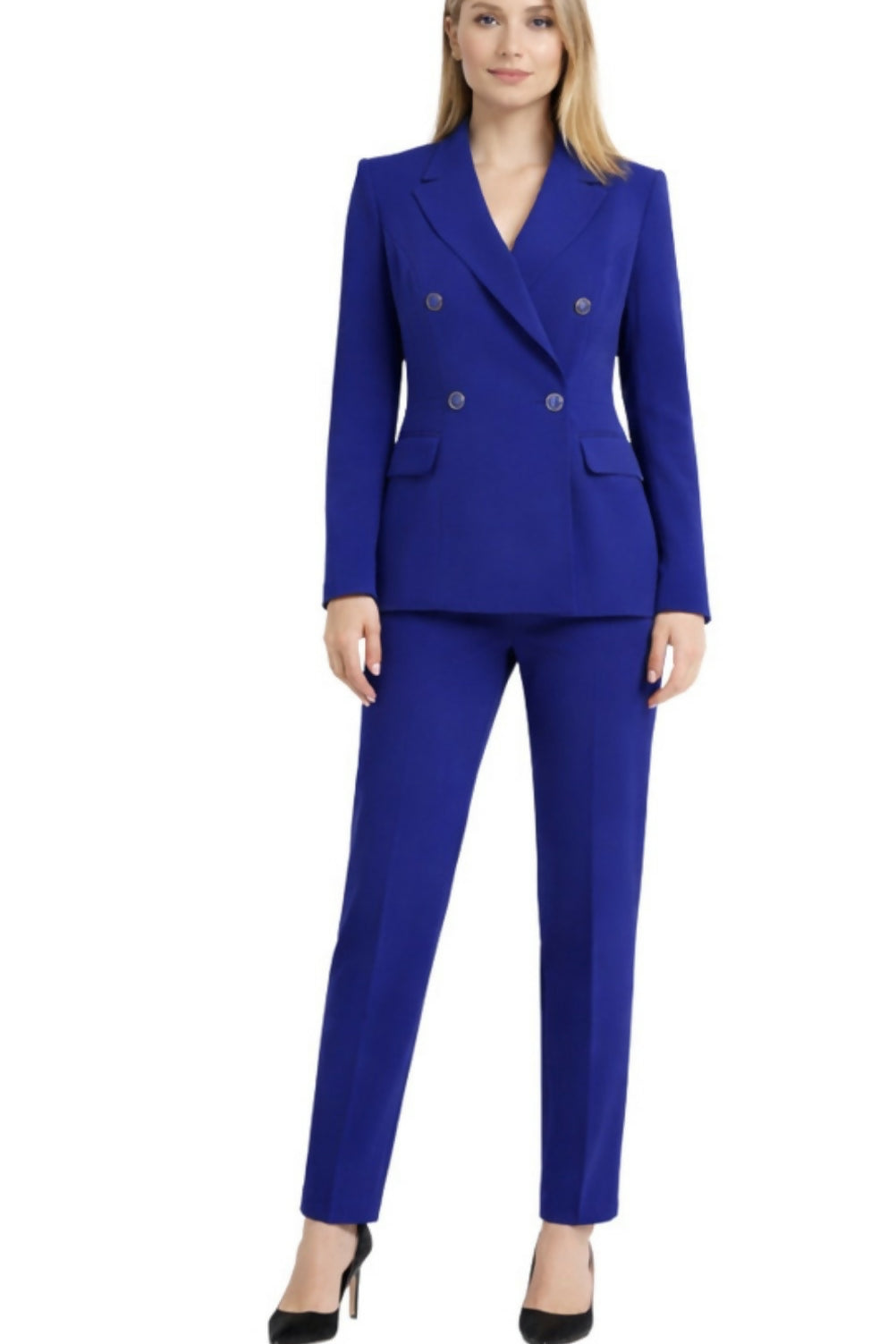 Woman wearing royal blue double-breasted tailored suit with black heels — Elisabetta Franchi | Endless UAE
