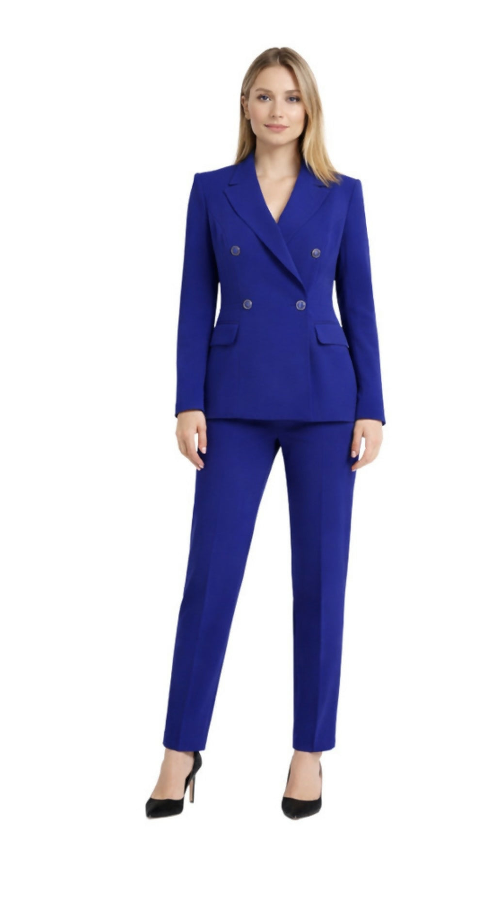 Woman wearing royal blue double-breasted tailored suit with black heels — Elisabetta Franchi | Endless UAE
