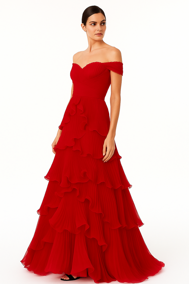 Red ruffle evening dress with lace straps and pleated bodice — Pronovias | Endless UAE