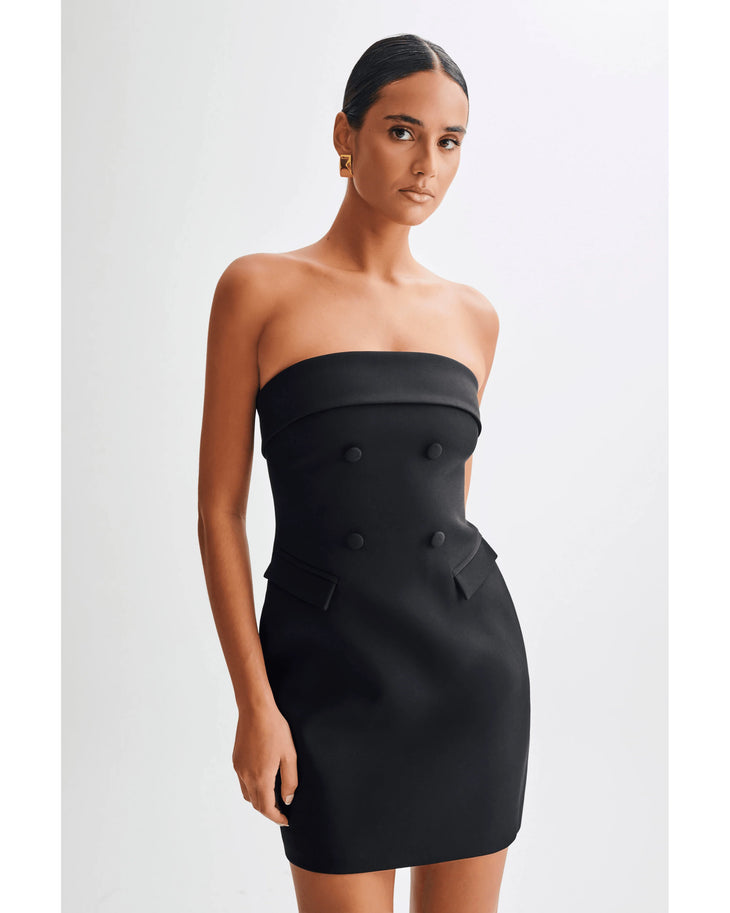 Black strapless mini dress with button details and structured bodice — Meshki | Endless UAE