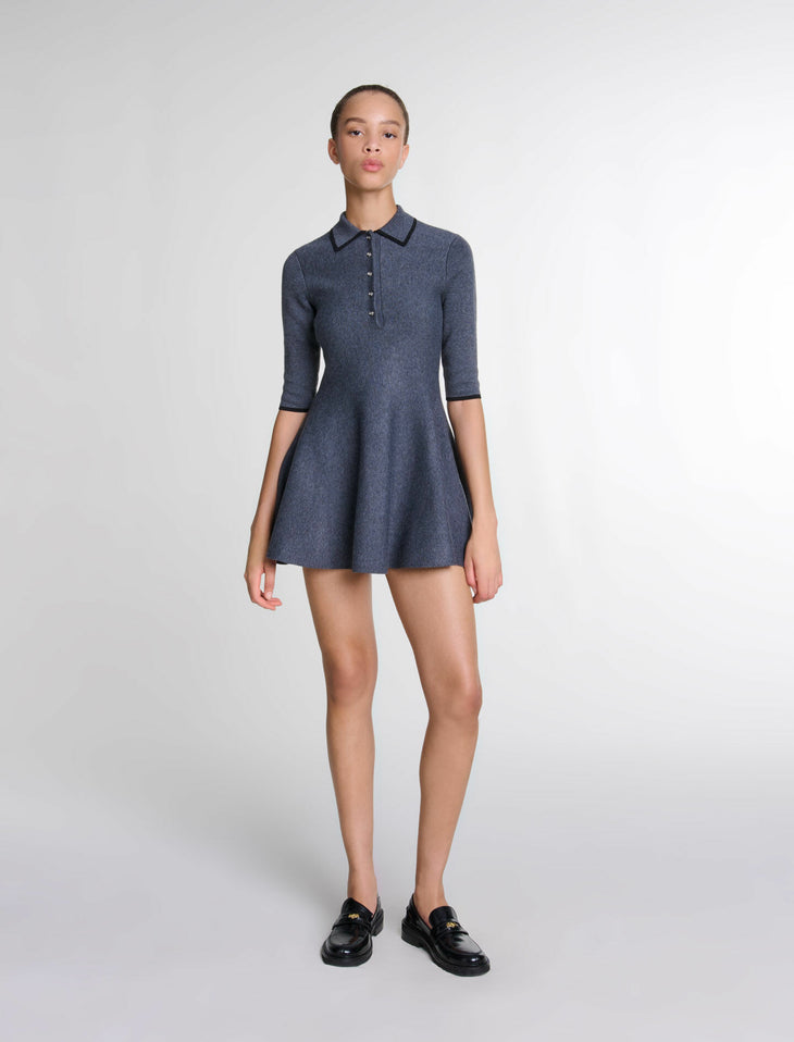 Navy blue short knit polo dress with collar and three-quarter sleeves styled with black loafers — Maje | Endless UAE
