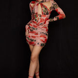 Floral rose print bodycon mini dress with corset bodice, cutout details, and long mesh sleeves — House of CB | Endless UAE
