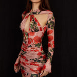 Floral print mesh mini dress with corset bodice, long sleeves, and ruched detailing in pink and red tones — House of CB | Endless UAE