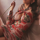 Elegant rose print corset mini dress with pleated skirt and long sleeves in pink and red tones — House of CB | Endless UAE