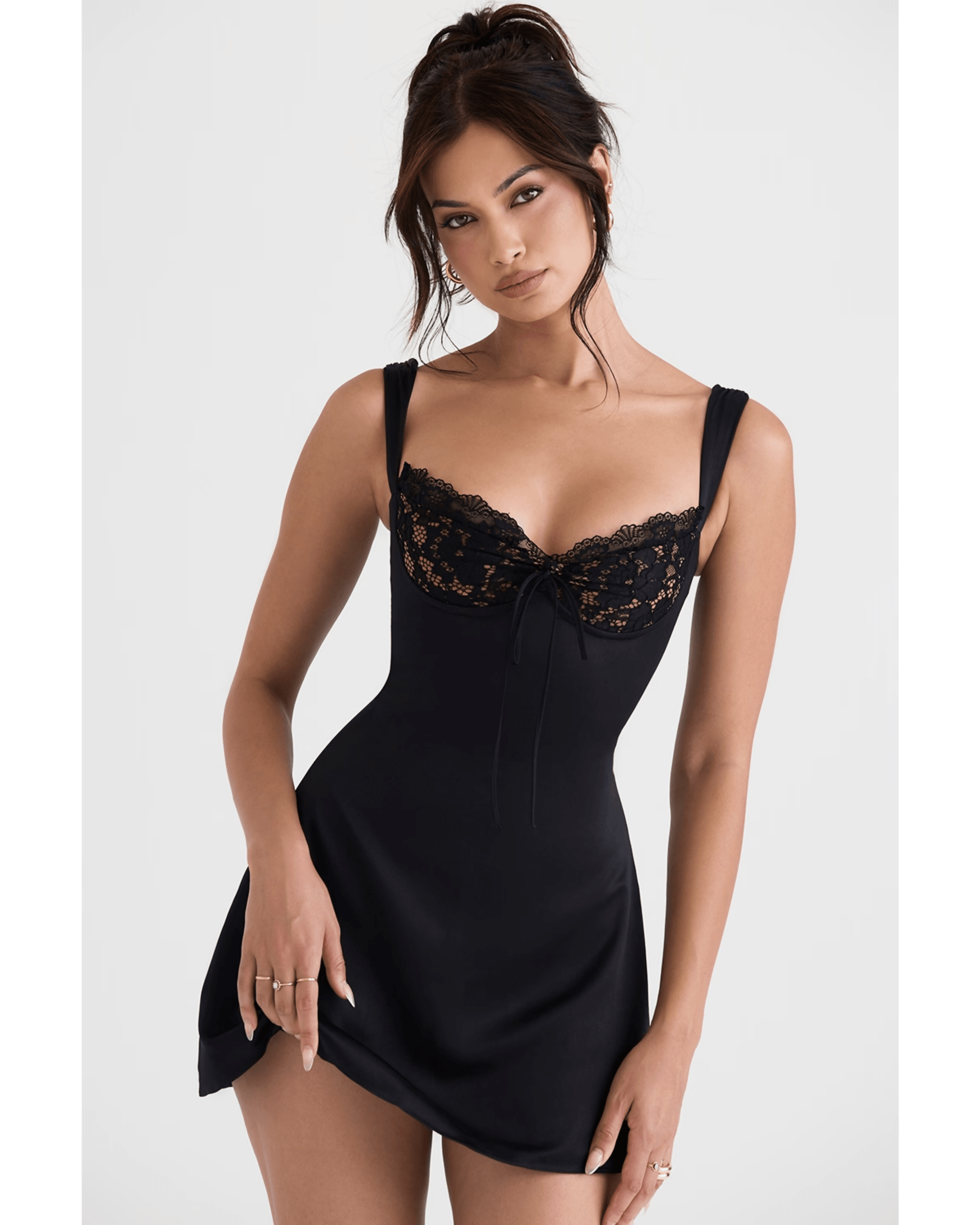 Adriana Black Satin And Lace Mini Dress - Endless - UAE Rental and Resale for Women's Fashion