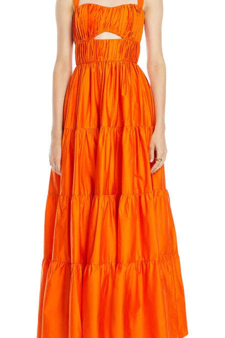 Vera Cut Out Maxi Dress in vibrant orange with tiered skirt and square neckline — Vasiliki | Endless UAE