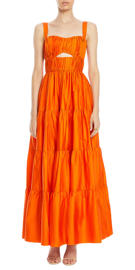Vera Cut Out Maxi Dress in vibrant orange with tiered skirt and square neckline — Vasiliki | Endless UAE