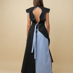 Black pinstriped sleeveless dress with blue curved collar detail — Udianna | Endless UAE