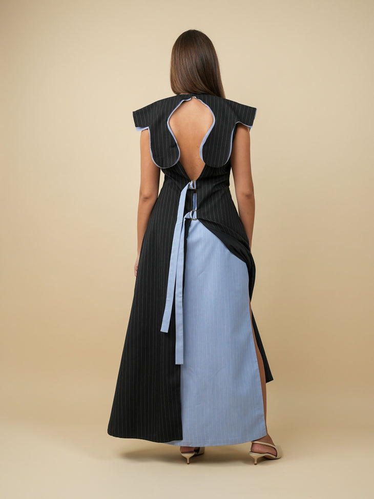 Black pinstriped sleeveless dress with blue curved collar detail — Udianna | Endless UAE