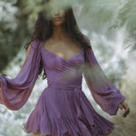 Gaia Mini Dress in purple with draped wrap bodice and flowing skirt — Endless | Endless UAE
