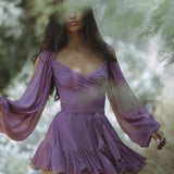 Gaia Mini Dress in purple with draped wrap bodice and flowing skirt — Endless | Endless UAE