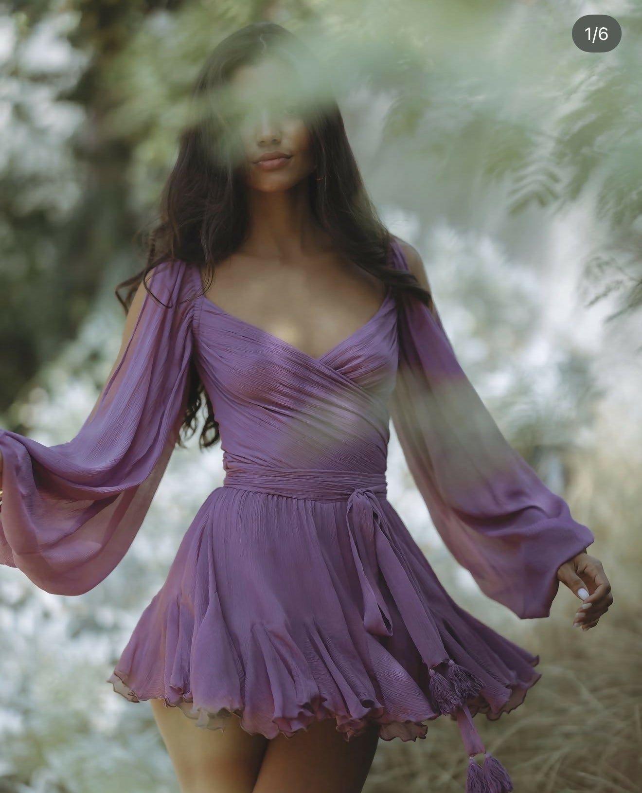 Gaia Mini Dress in purple with draped wrap bodice and flowing skirt — Endless | Endless UAE