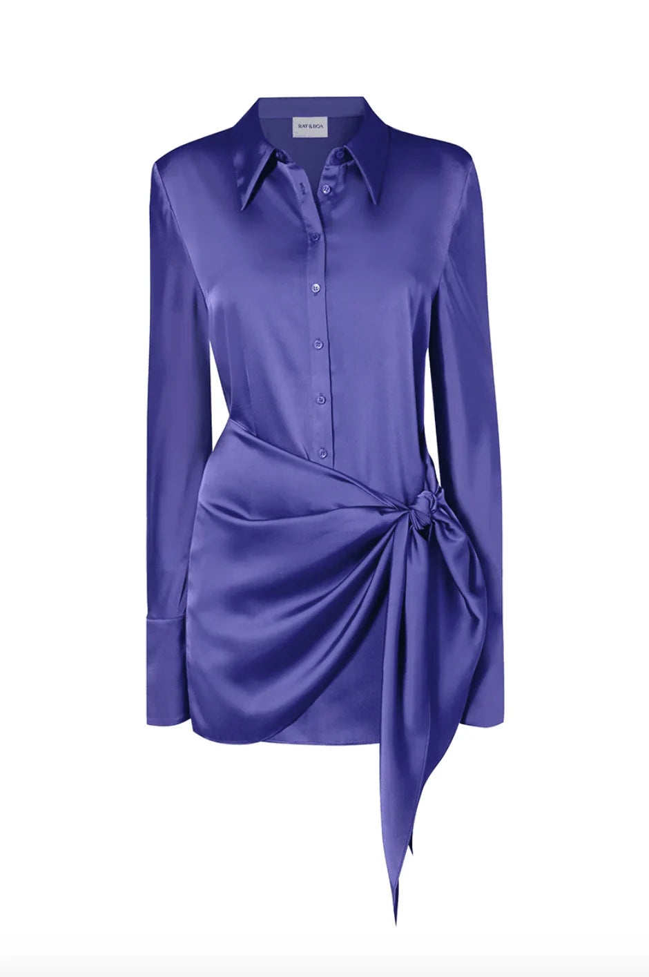 Purple satin shirt dress with draped side tie detail and long sleeves — Rat & Boa | Endless UAE