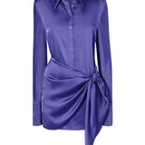 Purple satin shirt dress with draped side tie detail and long sleeves — Rat & Boa | Endless UAE