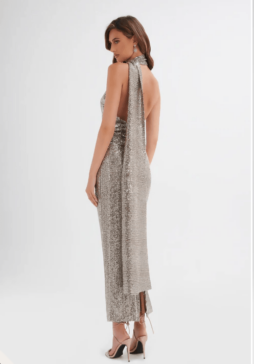 Alanni Stretch Sequin Longline Scarf Maxi Dress in Silver - Endless - UAE Rental and Resale for Women's Fashion
