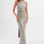 Alanni Stretch Sequin Longline Scarf Maxi Dress in Silver - Endless - UAE Rental and Resale for Women's Fashion