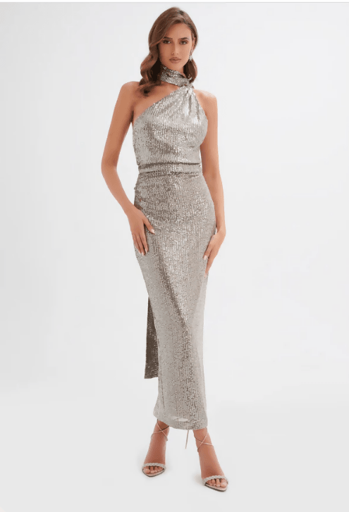 Alanni Stretch Sequin Longline Scarf Maxi Dress in Silver - Endless - UAE Rental and Resale for Women's Fashion
