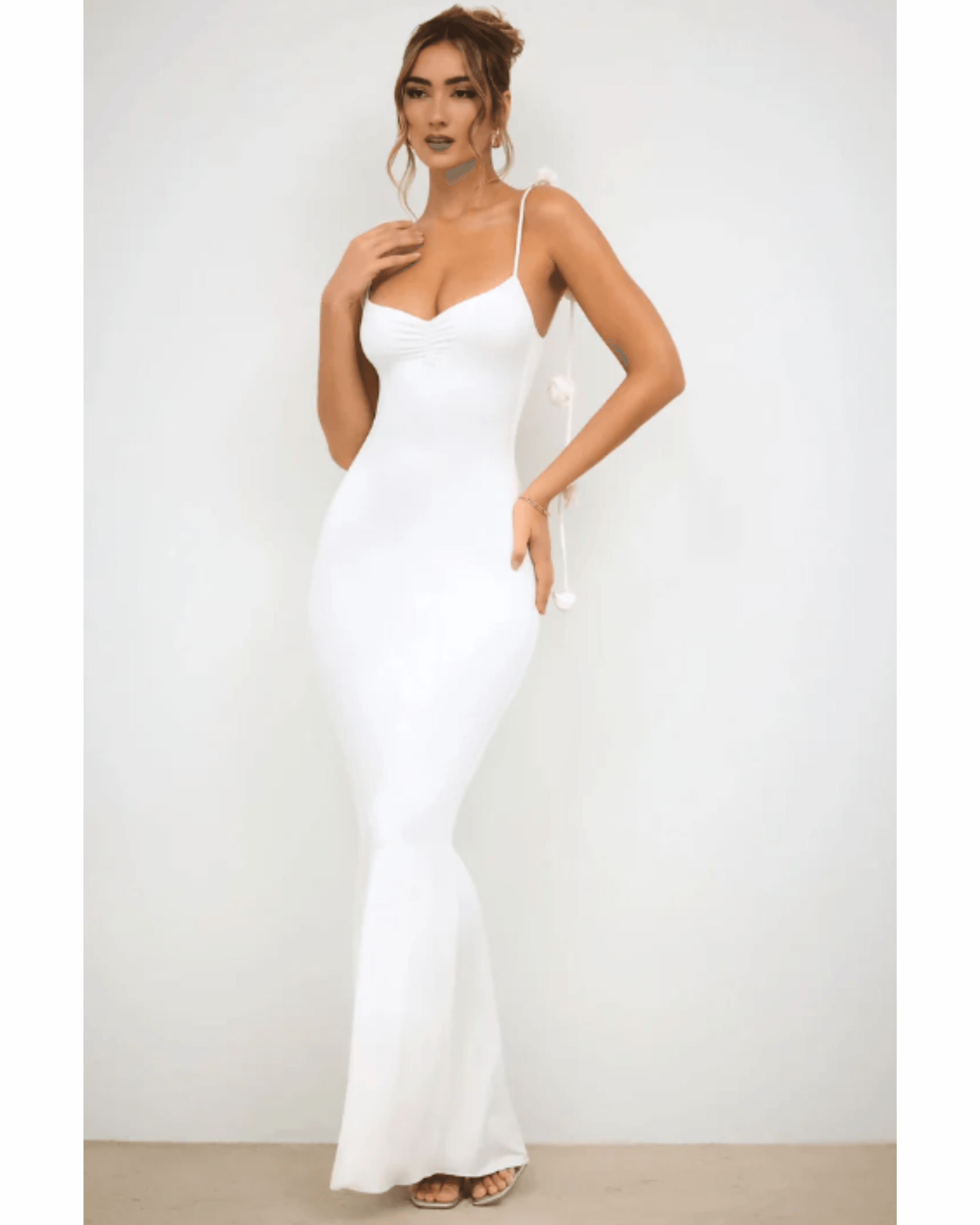 Aldona Slinky Jersey Rose Detail Evening Gown in White - Endless - UAE Rental and Resale for Women's Fashion