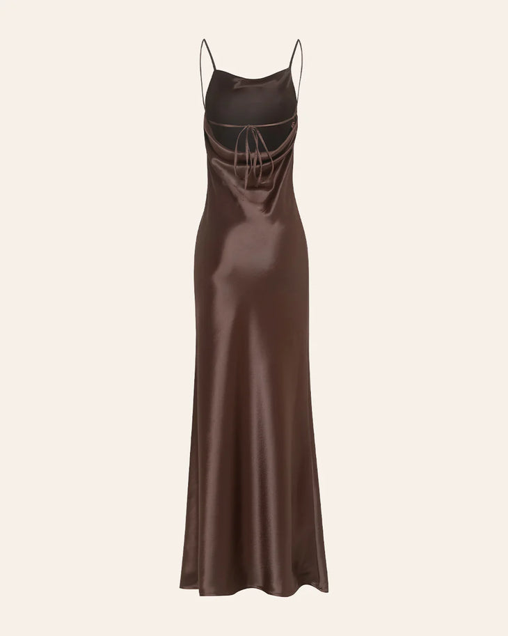 Brown satin slip dress with thin straps and flowing maxi silhouette — Dvete | Endless UAE