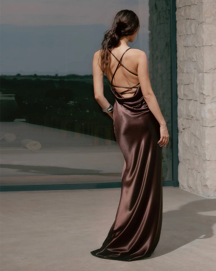 Brown satin slip dress with thin straps and flowing maxi silhouette — Dvete | Endless UAE