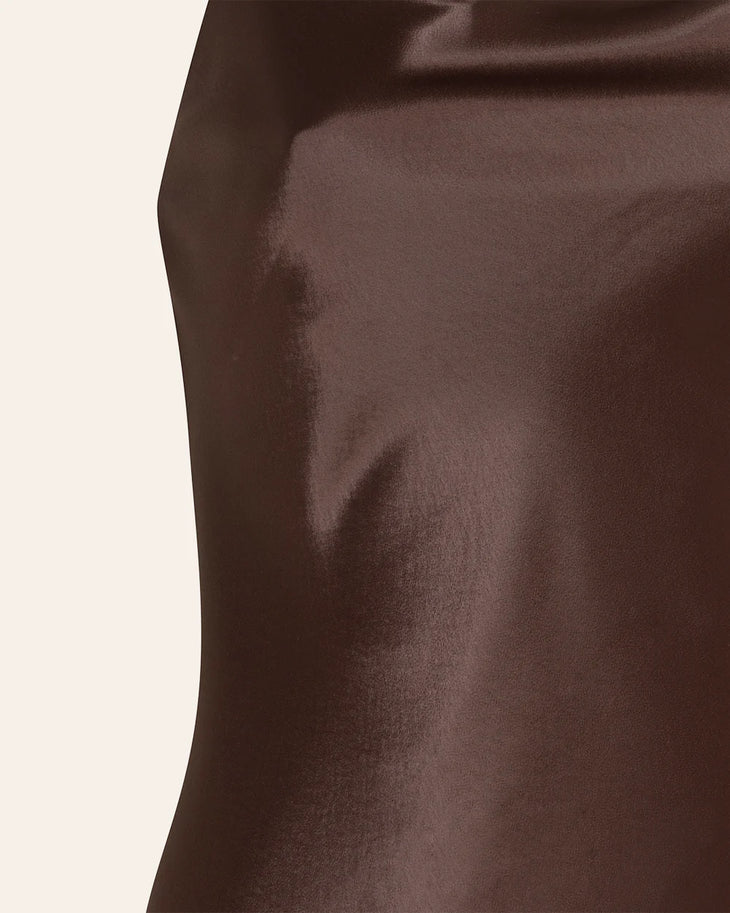 Alyssa Dress in chocolate brown satin with thin straps and floor-length silhouette — Dvete | Endless UAE