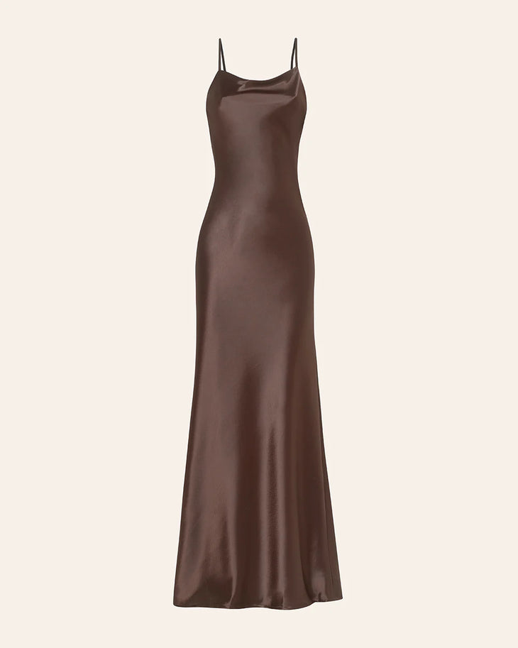 Brown satin slip dress with thin straps and flowing maxi silhouette — Dvete | Endless UAE