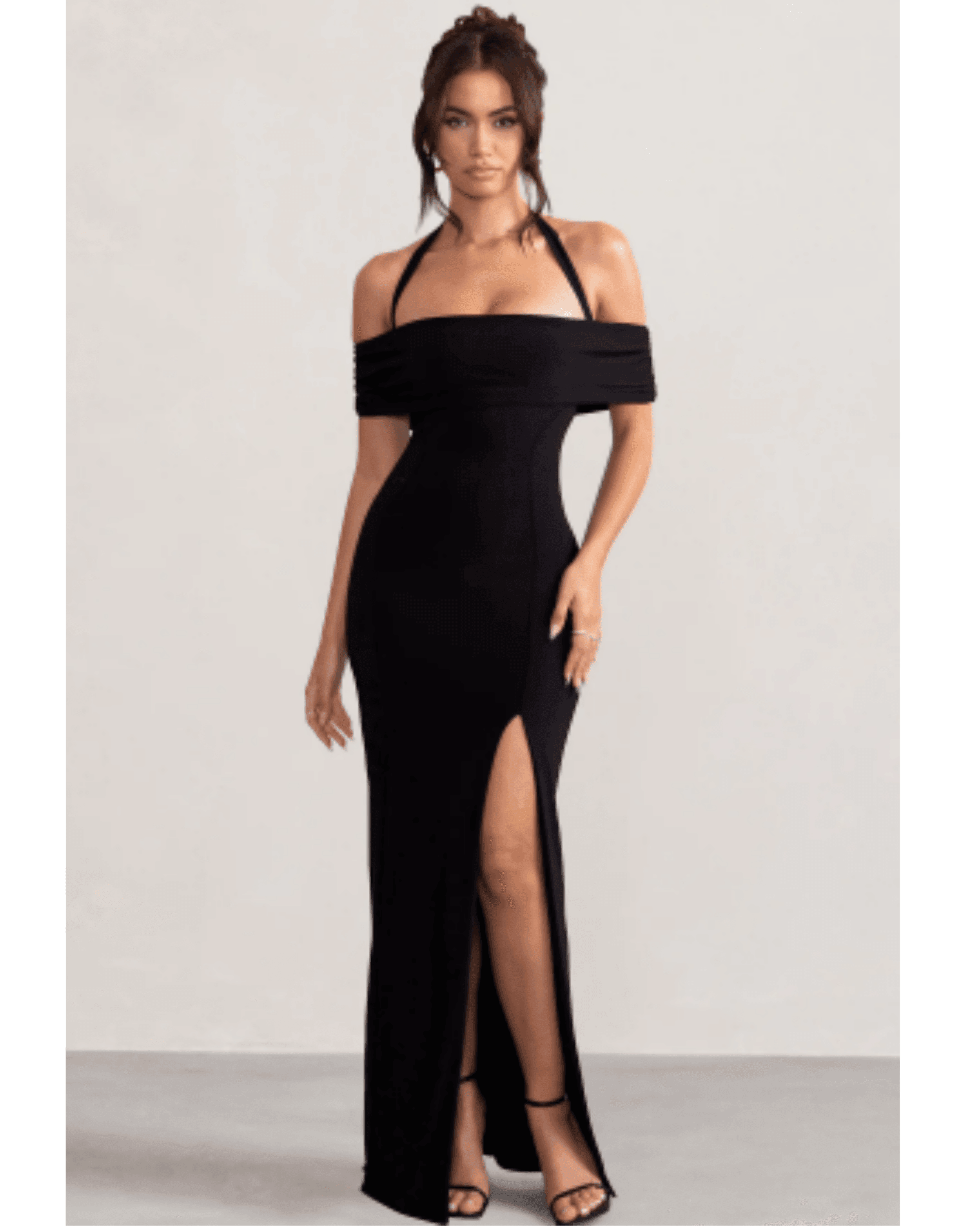 Anisa Black Halter Neck Bardot Maxi Dress - Endless - UAE Rental and Resale for Women's Fashion