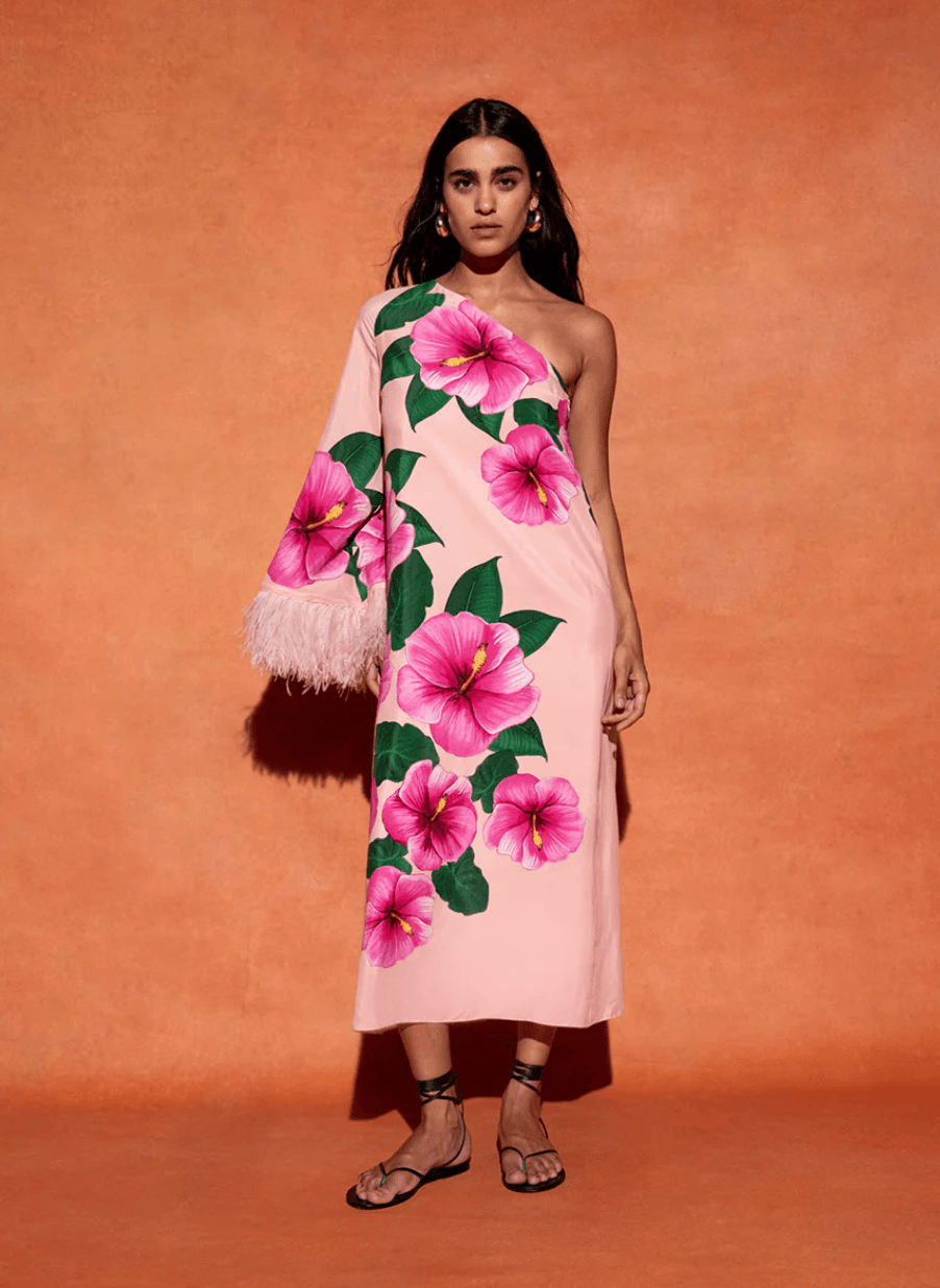 Aubrey Crepe One Shoulder Flowers Feather Midi Dress - Endless