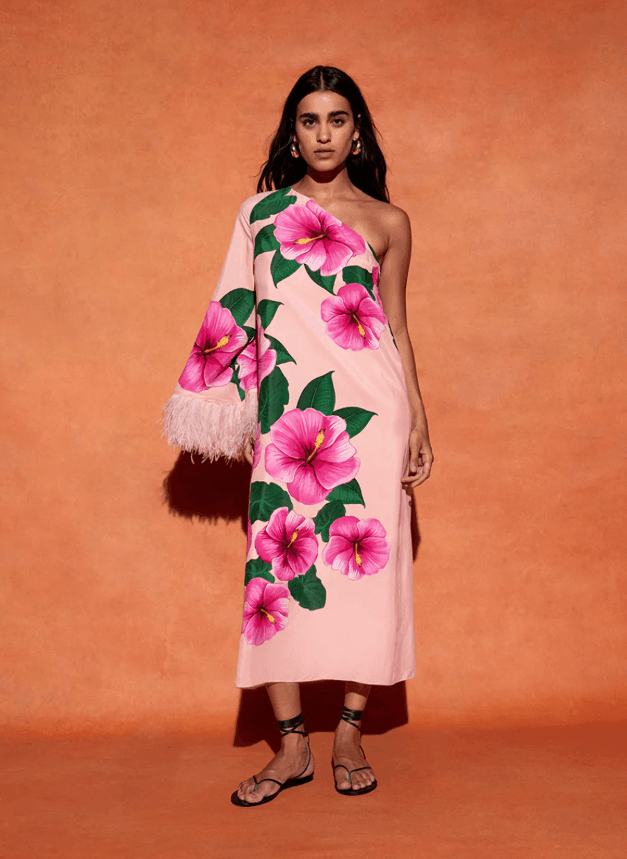 Aubrey Crepe One Shoulder Flowers Feather Midi Dress - Endless - UAE Rental and Resale for Women's Fashion