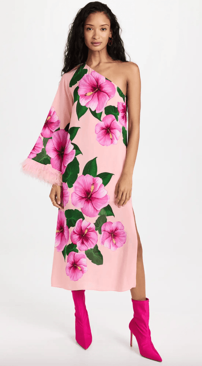 Aubrey Crepe One Shoulder Flowers Feather Midi Dress - Endless