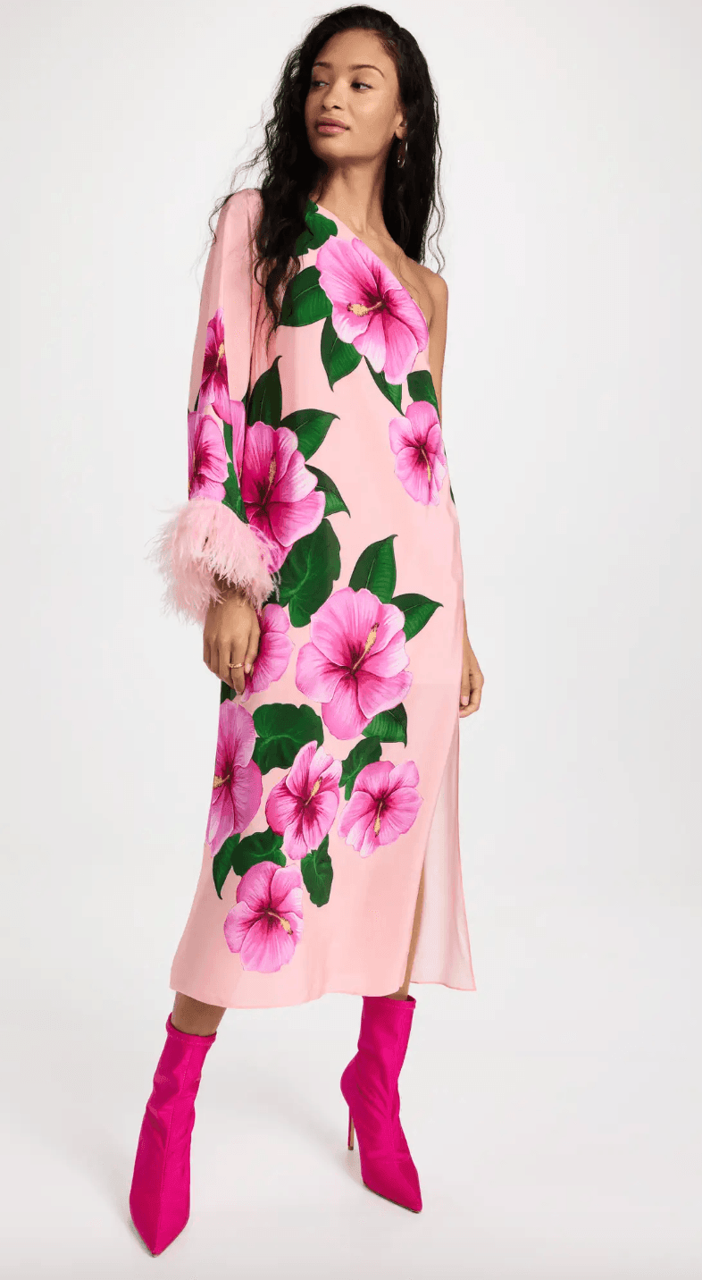 Aubrey Crepe One Shoulder Flowers Feather Midi Dress - Endless - UAE Rental and Resale for Women's Fashion