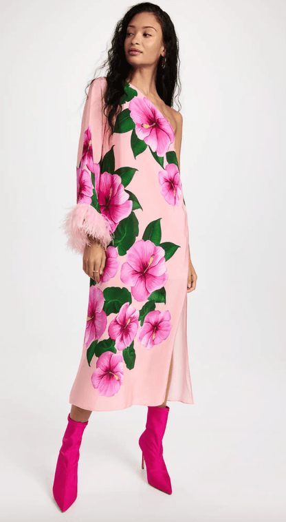 Aubrey Crepe One Shoulder Flowers Feather Midi Dress - Endless