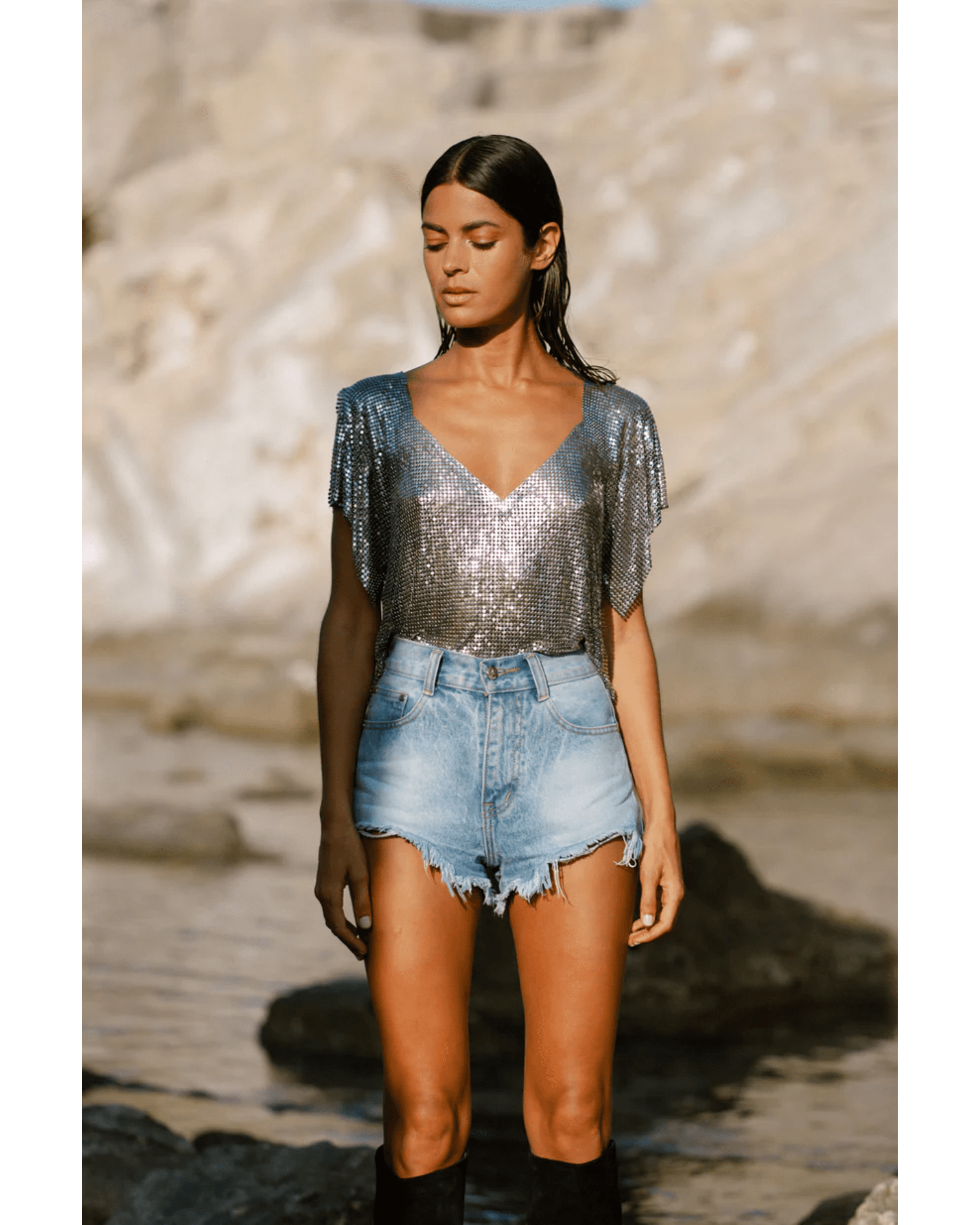 Ava V-Neck Top Silver - Endless - UAE Rental and Resale for Women's Fashion