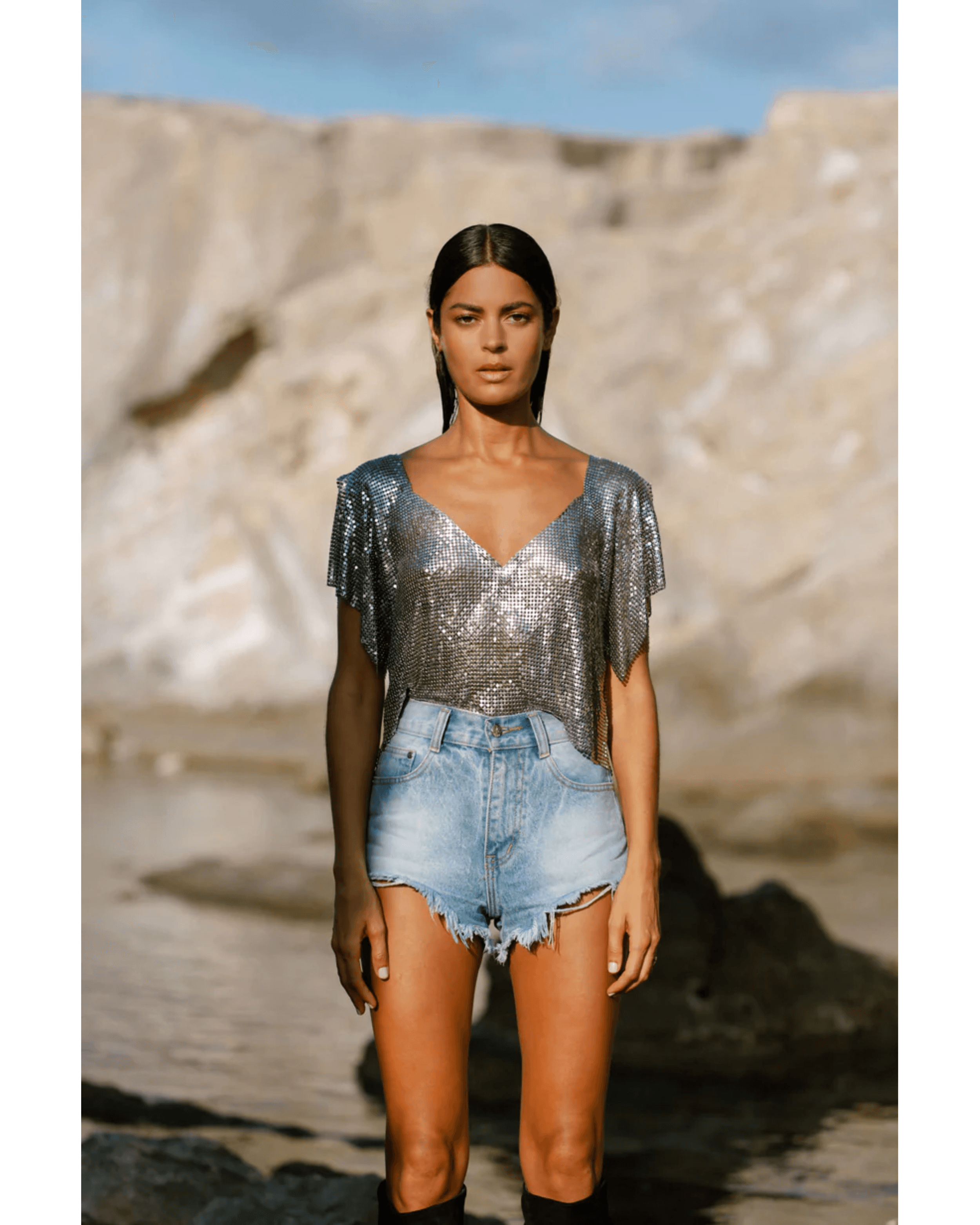 Ava V-Neck Top Silver - Endless - UAE Rental and Resale for Women's Fashion