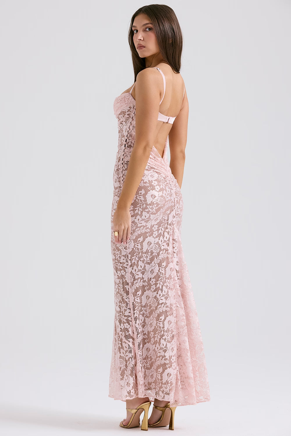 Azzurra blush lace godet gown with sweetheart neckline and spaghetti straps — House of CB | Endless UAE