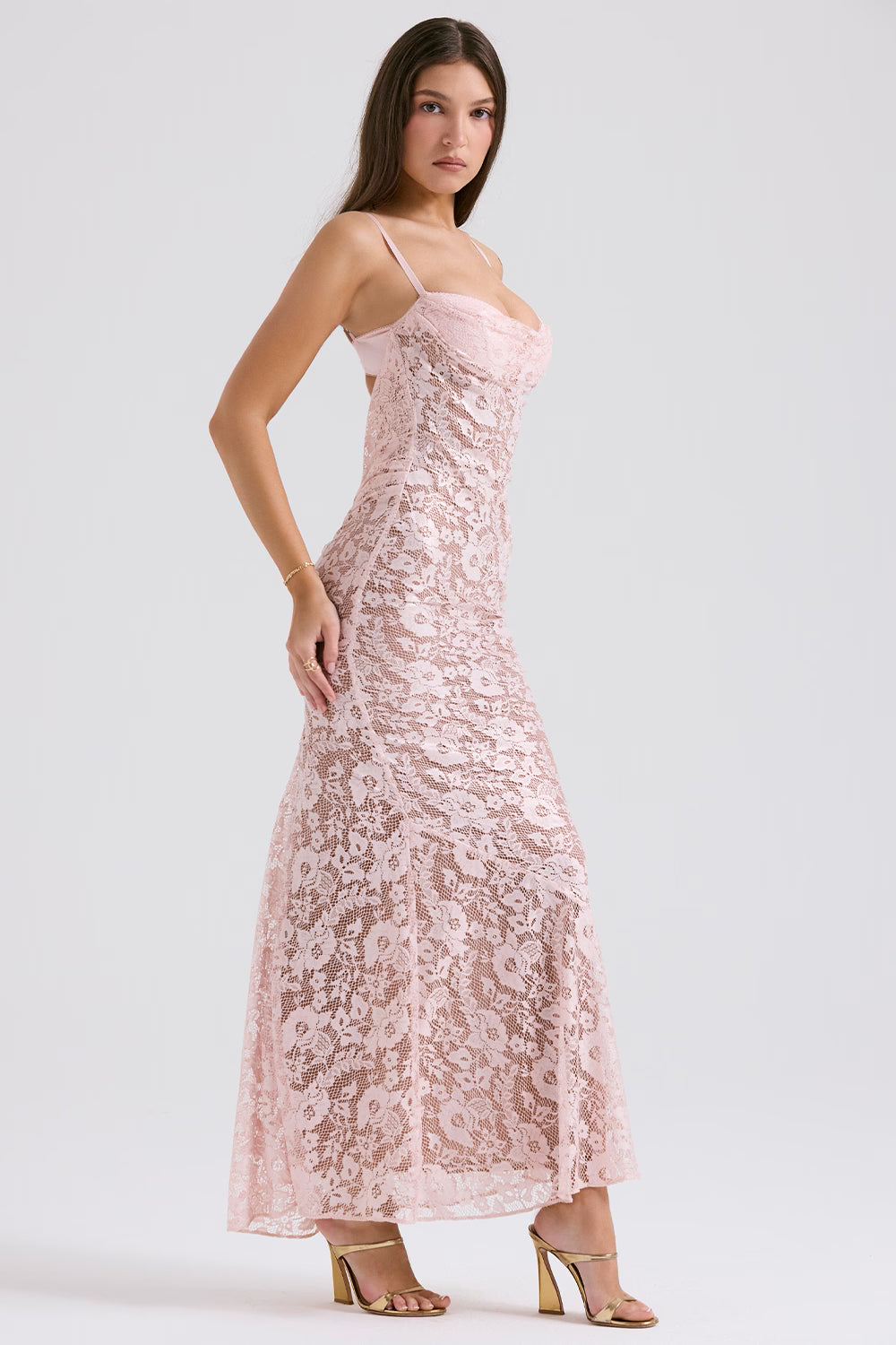 Azzurra blush lace godet gown with sweetheart neckline and spaghetti straps — House of CB | Endless UAE