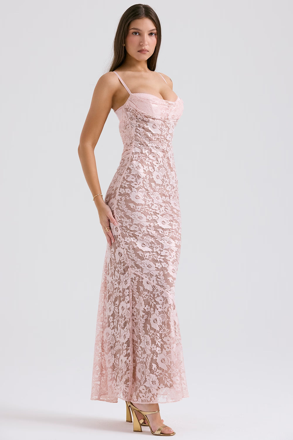 Azzurra blush lace godet gown with sweetheart neckline and spaghetti straps — House of CB | Endless UAE