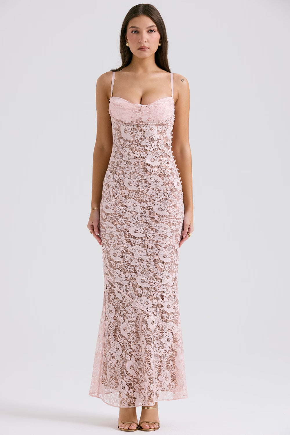 Azzurra blush lace godet gown with sweetheart neckline and spaghetti straps — House of CB | Endless UAE